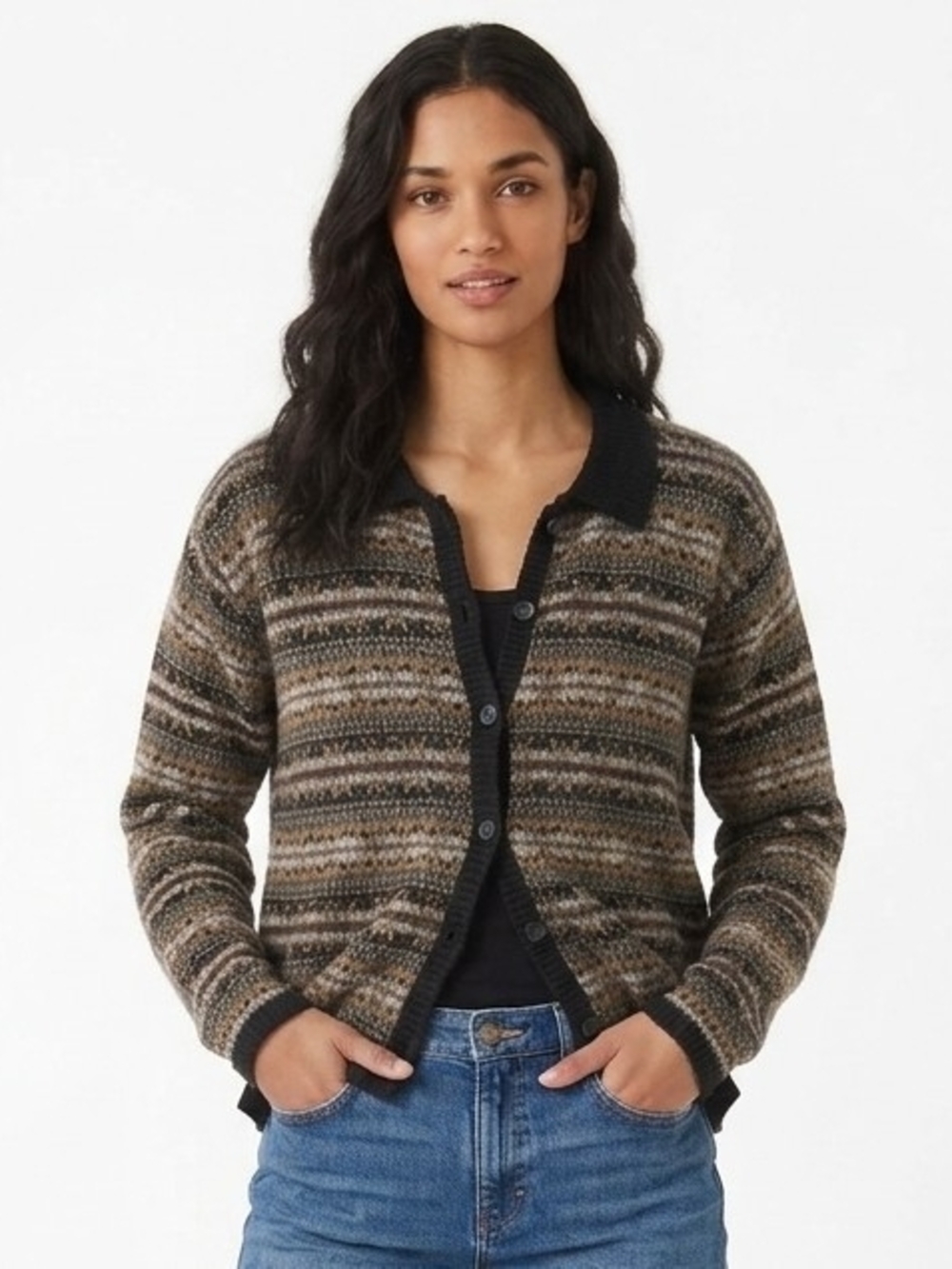 Vintage Fair Isle Collared Button-Front Wool Cardigan Sweater In Black - M